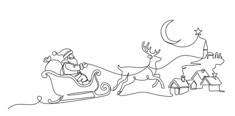 single line drawing of Santa Claus in sleigh pulled by reindeer  line art vector illustration © pew