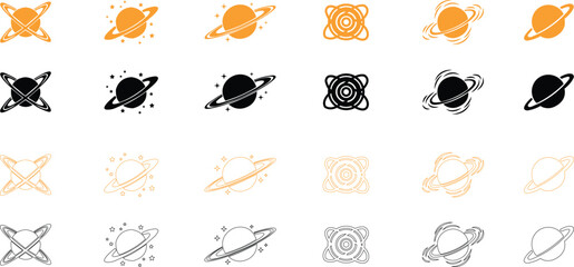 Saturn planet, ringed world and galaxy icon set collection group in flat and line style vector, space, cosmic, astronomy, orbit, universe symbols bundle © AbdulJabbar