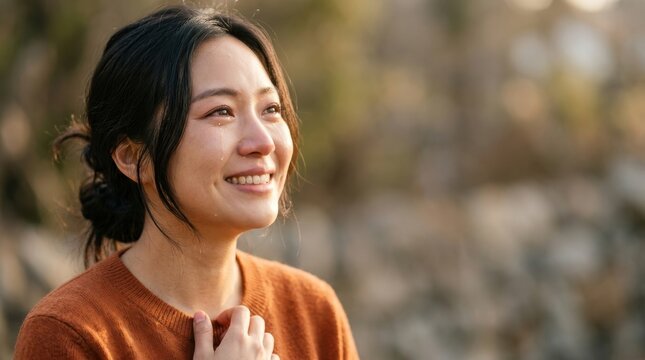 Close-up portrait of a young Asian woman smiling and crying with tears of joy on her face outdoors during golden hour