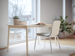 Fototapeta premium Minimalist home workspace with a light wood desk and modern chair