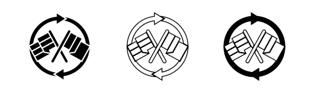 Three variations of a circular recycling logo with intersecting lines black white and reverse color schemes