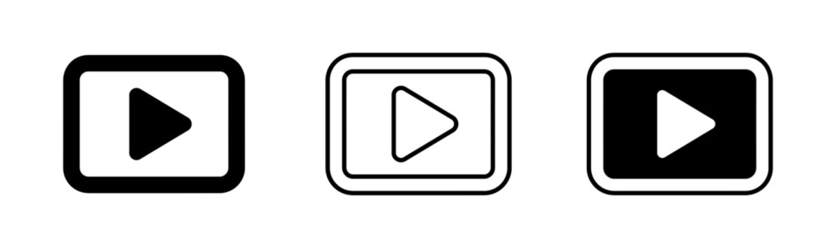 Play button icon set square rounded rectangle and rounded square designs in black and white