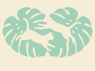 Minimalist Graphic Illustration of Two Cats Jumping Through Tropical Monstera Leaves in Negative Space © Oktafianto