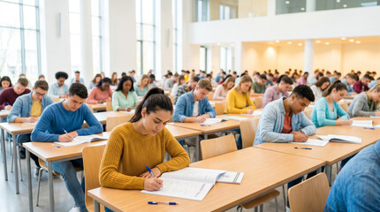 Obraz premium Students taking final school exams in a bright exam hall
