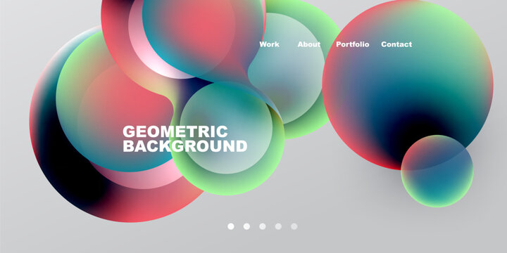 Abstract colorful circles overlap, creating dynamic visual effect. Text elements present work, about, portfolio, contact details. Minimalist design.