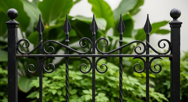 Black wrought iron fence detail against blurred green foliage background