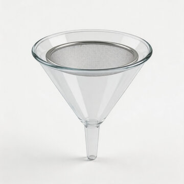 This is a clear glass funnel fitted with a stainless steel mesh strainer, designed for filtering liquids and separating solid particles in laboratory or household use.