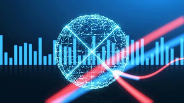 A futuristic globe with intersecting lines and bars graph displayed