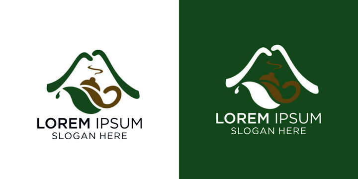 Green tea and mountain peaks logo design with placeholder text, ideal for businesses seeking a professional brand identity