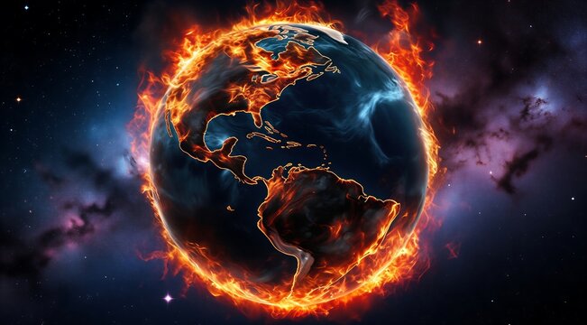 Dramatic digital illustration of Earth engulfed in flames with fiery explosions surrounding the planet in space