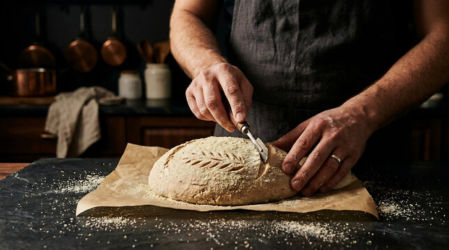Someone Cutting Loaf Bread Knife Table