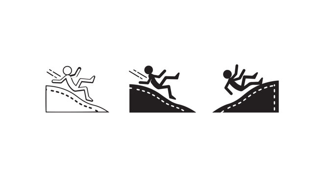 Three sequential icons of person falling down slope.
