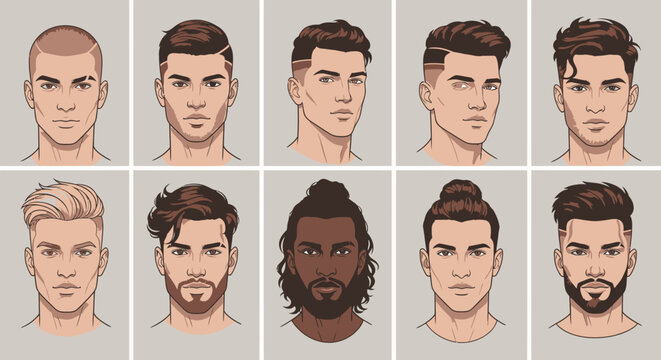 Stylish men portraits with diverse hairstyles and beard types