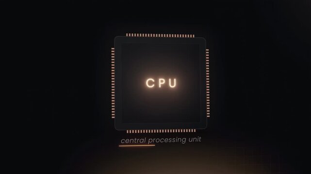 Abstract CPU Processor Animation on Dark Background, Central Processing Unit Technology Concept