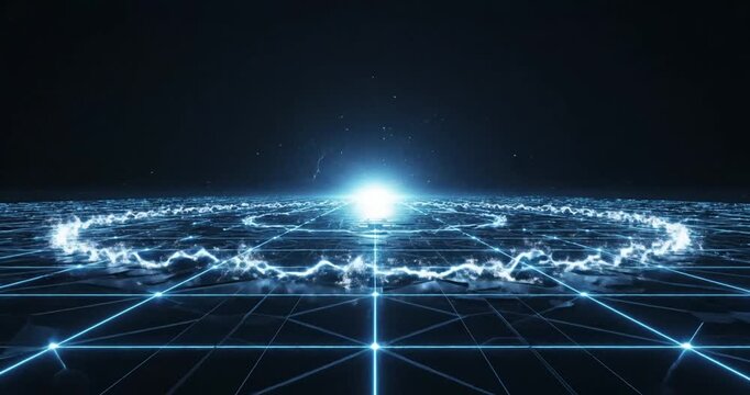 Dynamic explosion of electric energy with lightning effects over a digital grid background
