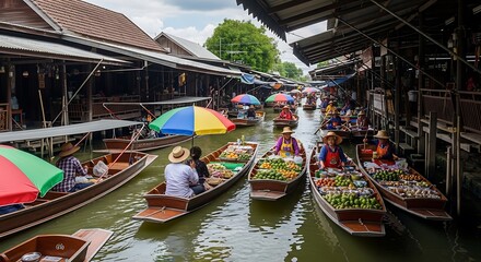 Obraz premium Boats with people and goods on a canal in a market setting