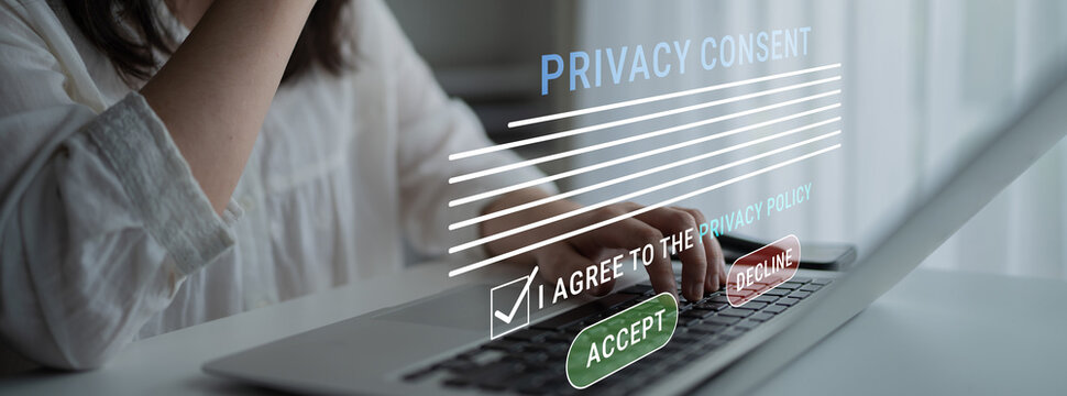 User Interacting with Privacy Consent Screen on Laptop Showing Digital Agreement and Options for Accepting or Declining Data Policy for Online Activities Haptic.
