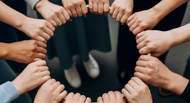 Diverse group of people holding hands in a circle to show unity and support
