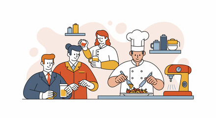 Fototapeta premium Chef Cook Food Staff Serve Drink Men At Desk In A Cafe Bar Job Work