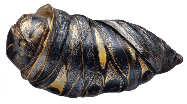 Ornate insect pupa displays striking black and metallic gold coloration against a white background
