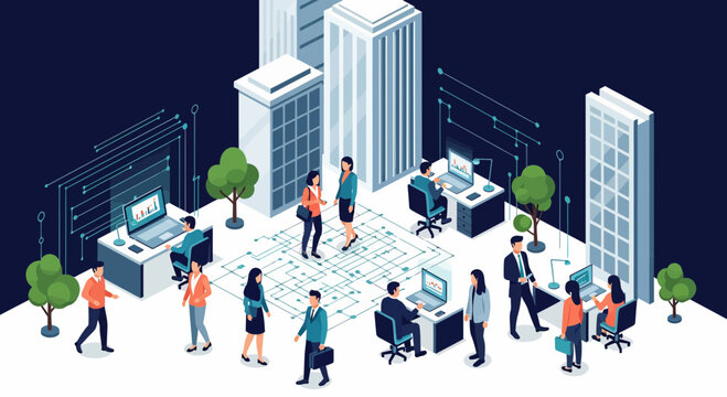 Modern smart city business people working in office technology digital futuristic isometric vector illustration lifestyle concept for business