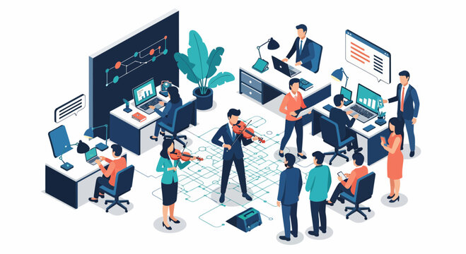 Business team work harmony in modern office with people playing violin music talent creative collaboration