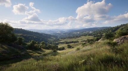 Obraz premium Vast verdant valley under blue sky with fluffy clouds