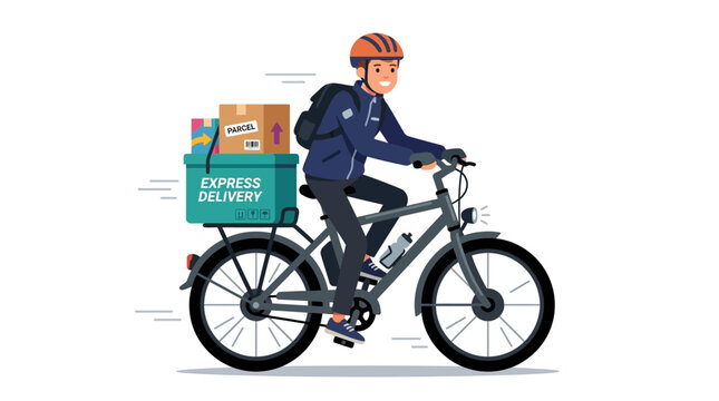 Smiling delivery man on bicycle with express parcel box, urban courier service, fast shipping