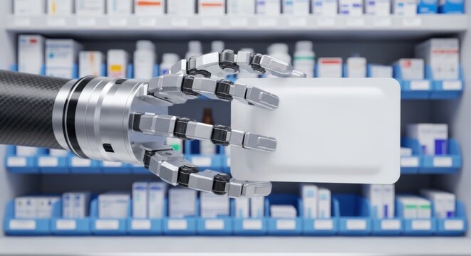 Robotic hand holding a blank medicine blister pack in a pharmacy