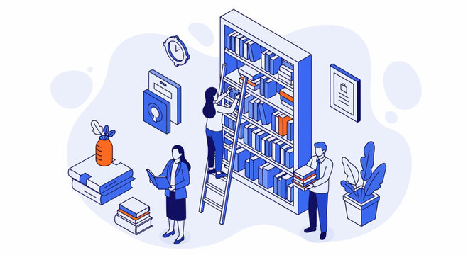 People read or sort a book on a shelf in a blue room for a study