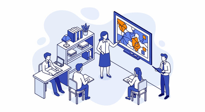 Modern school teacher teaching students using smart interactive board for learning in a digital classroom environment