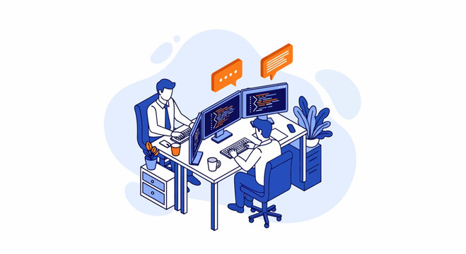 Two professional software developers working together coding on multiple computer monitors in a modern office workspace environment