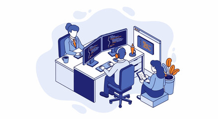 Fototapeta premium Dev team work on code at desks in office with pc and web app