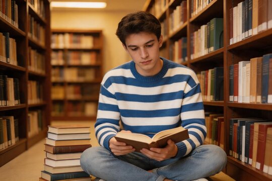 Young man reading book in library