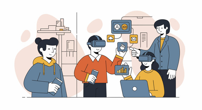 Team use VR gear for work web apps dev and data icons in the new office