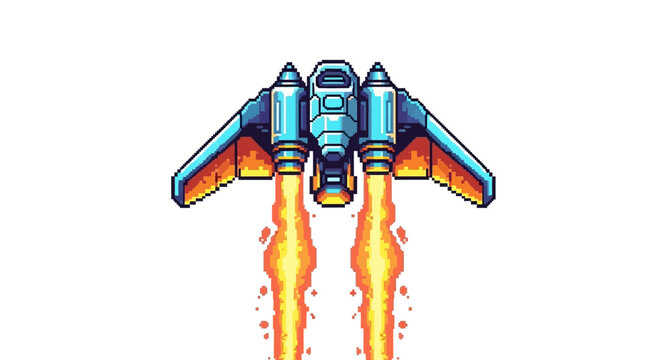 Retro Pixel Art Spaceship Ascending with Fiery Exhaust.