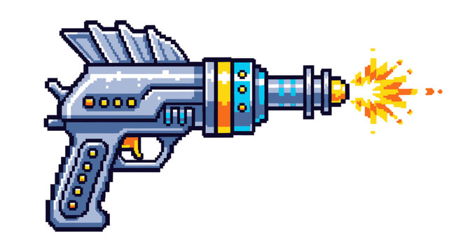 Retro Sci Fi Ray Gun Firing Energy Blast Pixel Art.