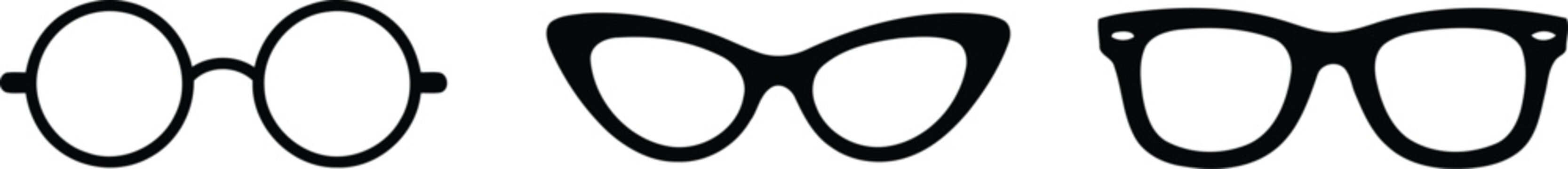 Three different styles of black glasses on transparent background