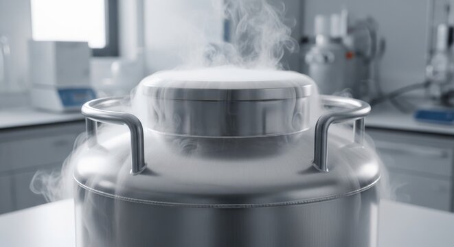 Cryogenic storage tank with liquid nitrogen in a laboratory