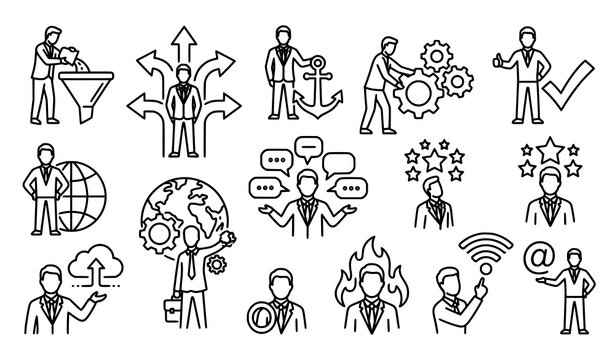 Creative faceless man outline vector icon set with minimalist business symbols