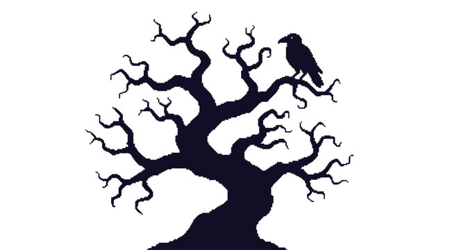 Silhouette of a bare tree with a crow perched on a branch.
