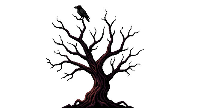 Silhouette of a bare tree with a crow perched atop.