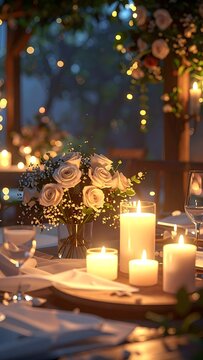 Romantic candlelit dinner table setting evening.