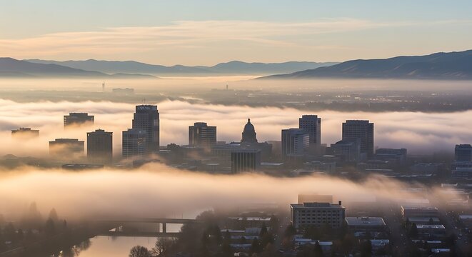 City skyline emerges from fog at dawn with distant mountains visible