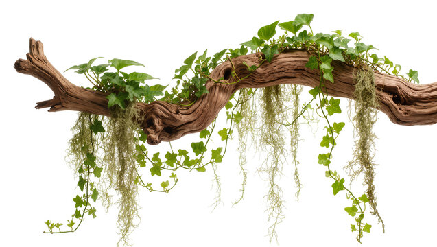 Gnarled driftwood branch with lush green ivy and Spanish moss, isolated on transparent background