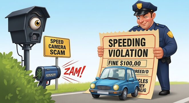 Cartoon illustration of speeding ticket issued by traffic enforcement
