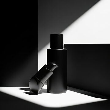 Matte black cosmetic container standing in high-contrast geometric shadows within a minimalist studio for mens grooming brand advertising