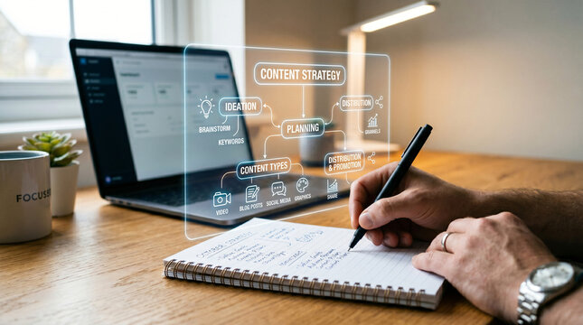 Content strategy planning and ideation on digital screen and notebook.