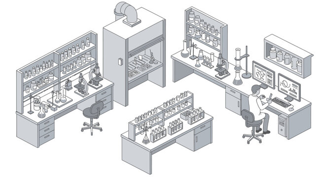 Isometric laboratory interior with scientist working at desk