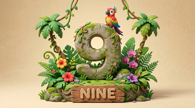 Cute Jungle Number 9 with Colorful Parrot &ndash; Preschool Educational 3D Clay Illustration
